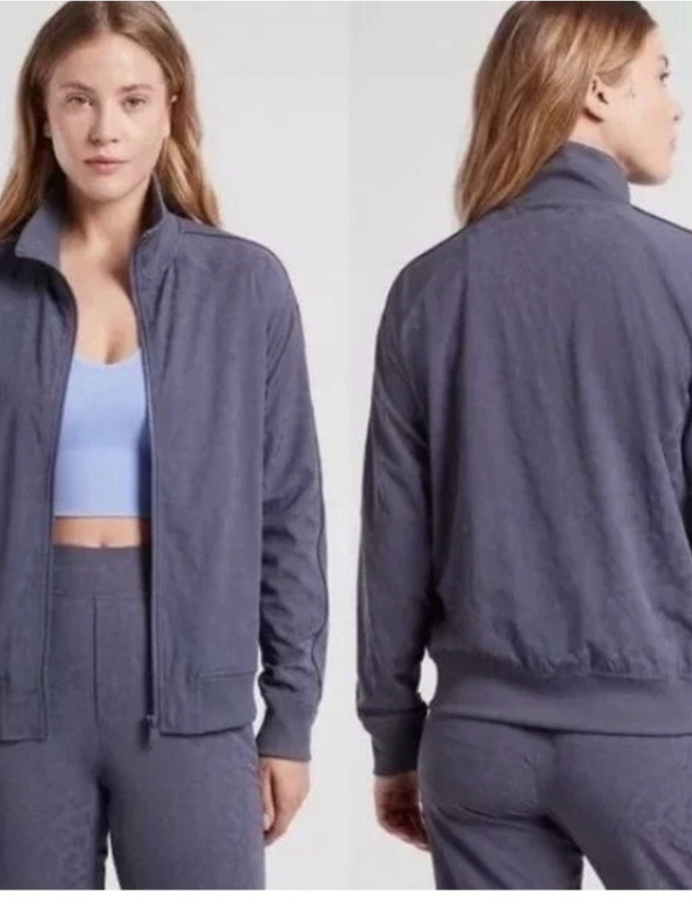 Athleta Brooklyn Women’s Blue Gray Leopard Print Zip-Front Bomber Jacket. XS